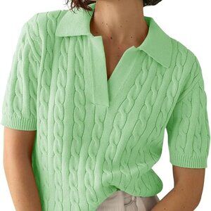 Imily Bela Cable Knit Short‑Sleeve Sweater • V‑Neck Lapel • Soft Casual Pullover